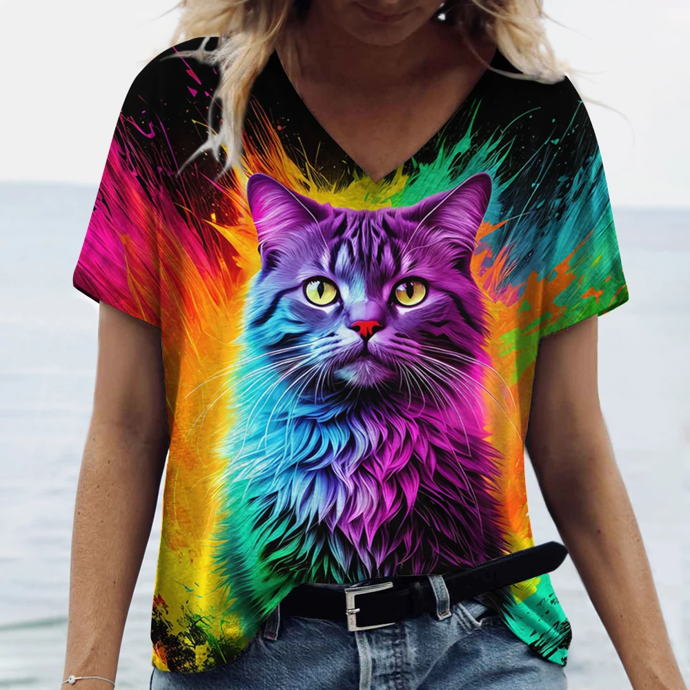 

Women's T-Shirt Summer Colorful Cat Print Female Clothing V-Neck Short Sleeve Animal Graphic Tops Streetwear Oversized Tops