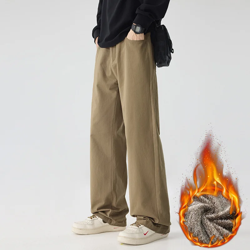 

Pure Cotton Straight Casual Pants Men's Autumn and Winter Fleece Thickened New Loose Wide-leg Versatile Long Pants
