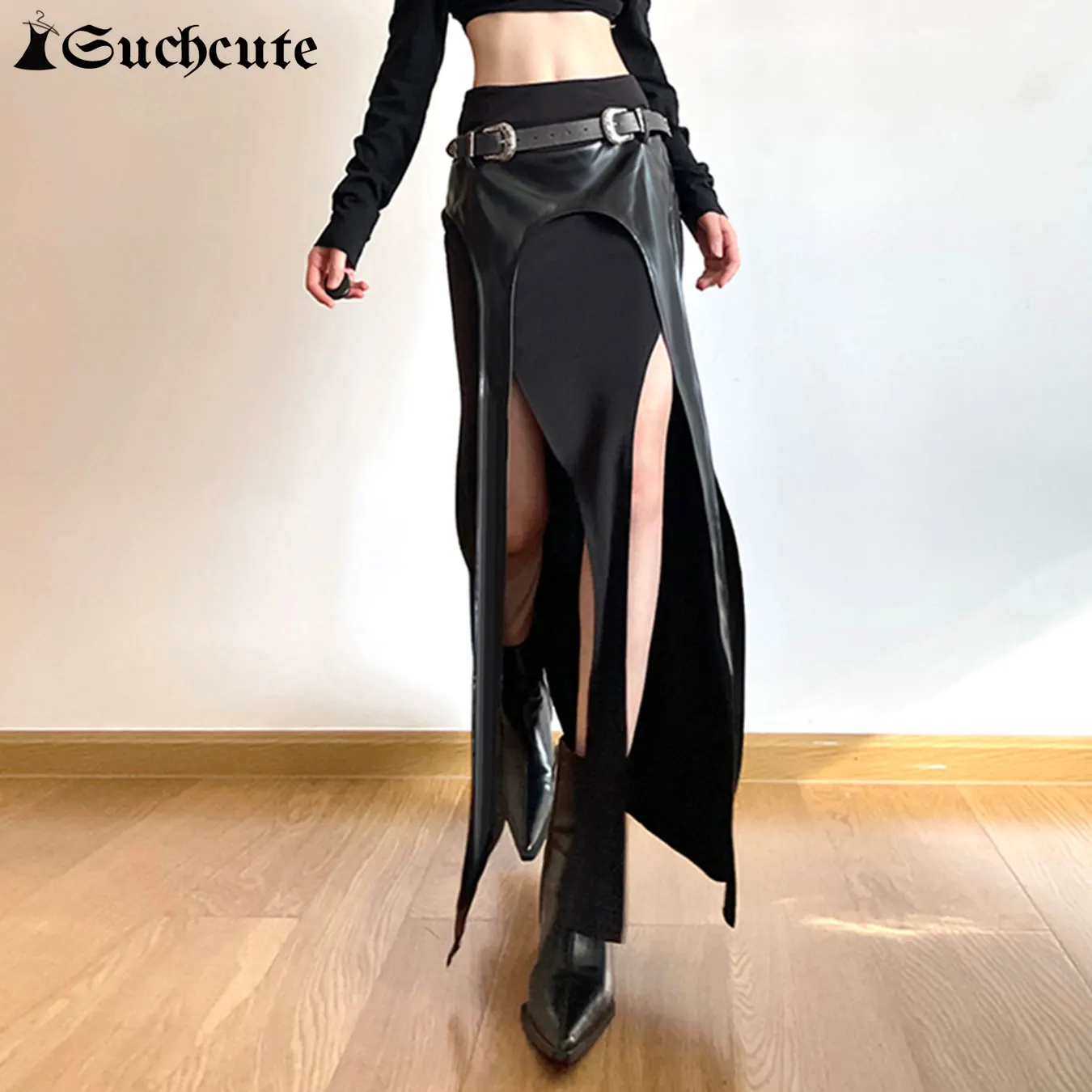 SUCHCUTE Gothic PU Belt Match Long Skirt Sexy Straight Tassel Slit Irregular Midi Skirt Punk High Waist Party Skirt Women Outfit