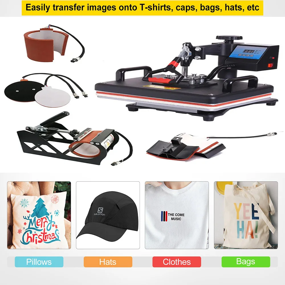 Mulitifuctional 6 in 1 Heat Press Machine Sublimation Machine 360° Rotation Swing Away Sponge /Silicone Pad DIY T-Shirts Cap Mug