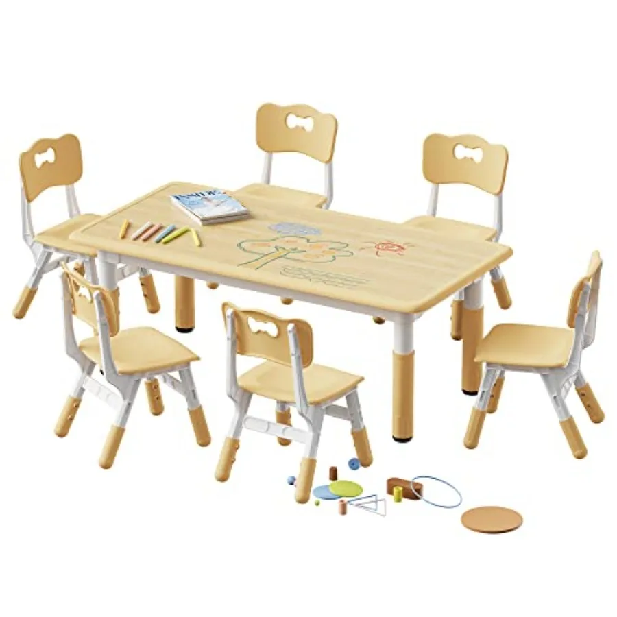 

Height Adjustable Table and 6 Chairs Set Graffiti Desktop in Blue for Classroom/Daycare/Home Multi-Activity Table for Ages 2-8