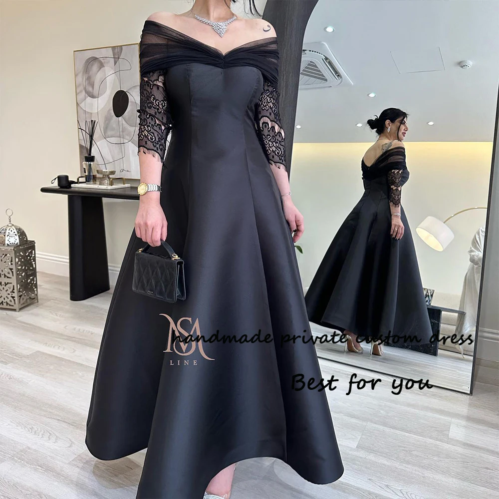 

Black Satin A Line Evening Dresses 3/4 Sleeve Arabic Dubai Formal Prom Dress Ankle Length Evening Party Gowns Lace Up Back