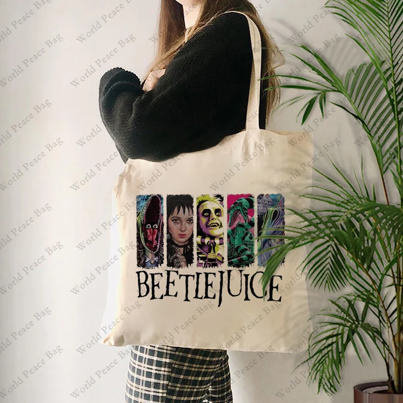 1 pc Beetlejuice Halloween pattern Tote Bag Canvas Shoulder Bag For Travel Daily Commute Women's Reusable Shopping Bag