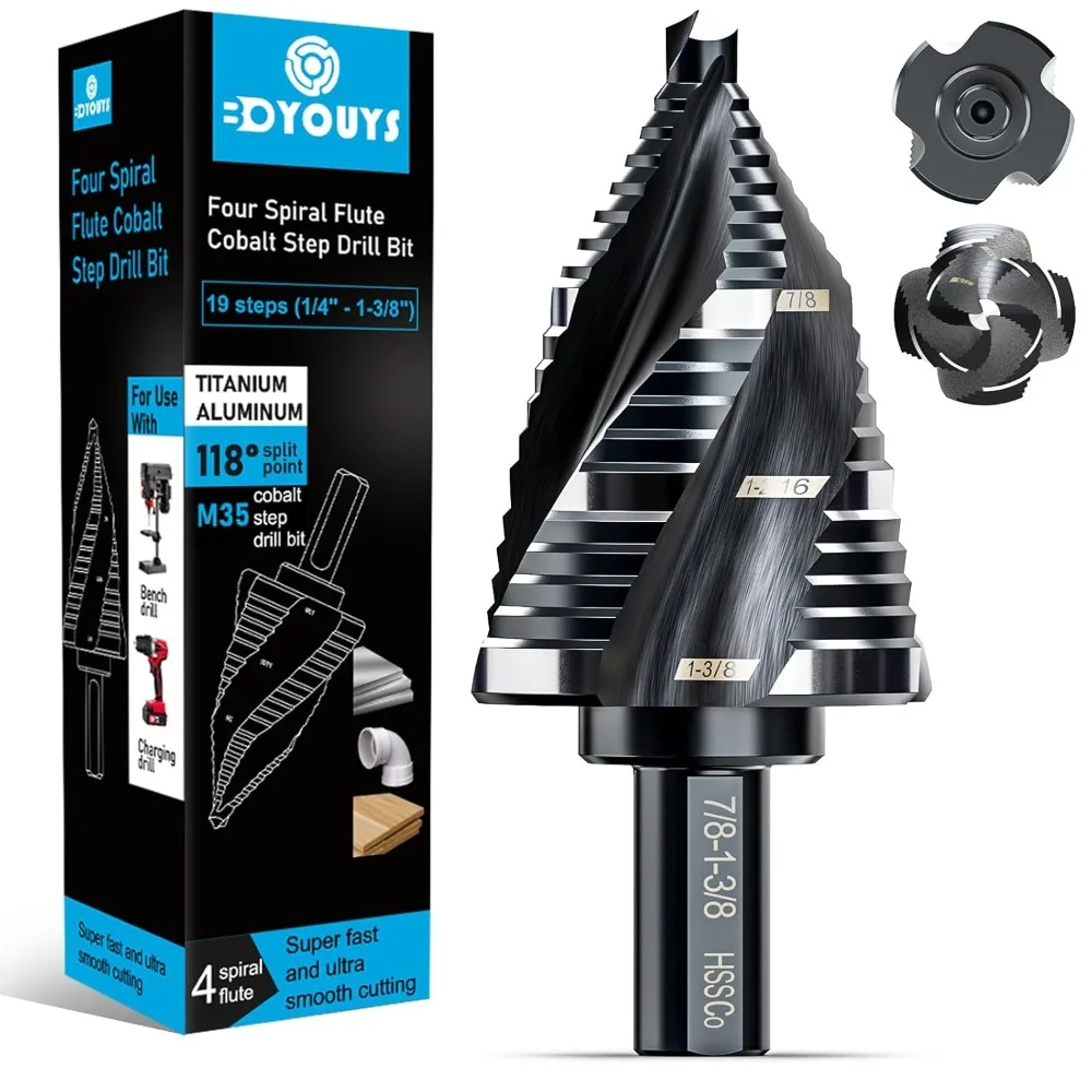 

M35 Cobalt Steel 4 Flute Step Drill Bit Set 19 Sizes Hex Shank for Metal Wood Plastic