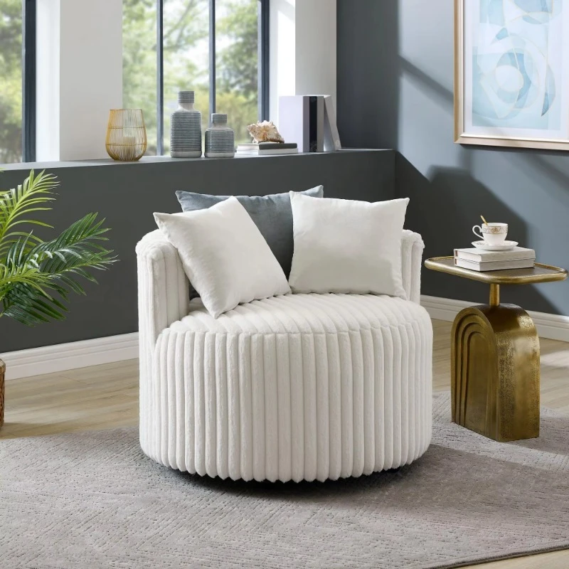 Off-white barrel-shaped decorative chair, plush corduroy upholstered, with wheels, suitable for living rooms