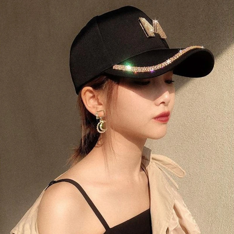 Women Summer Anti-UV Sunhat Baseball Cap Gold Sequins Diamond M D Letter Printed Club Hip Hop Cap Outdoor Sun Protection Visors