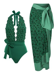 Costume da bagno e gonna retrò femminile abito da spiaggia per le vacanze verde Vintage Beachwear costume da bagno firmato Summer Surf Wear