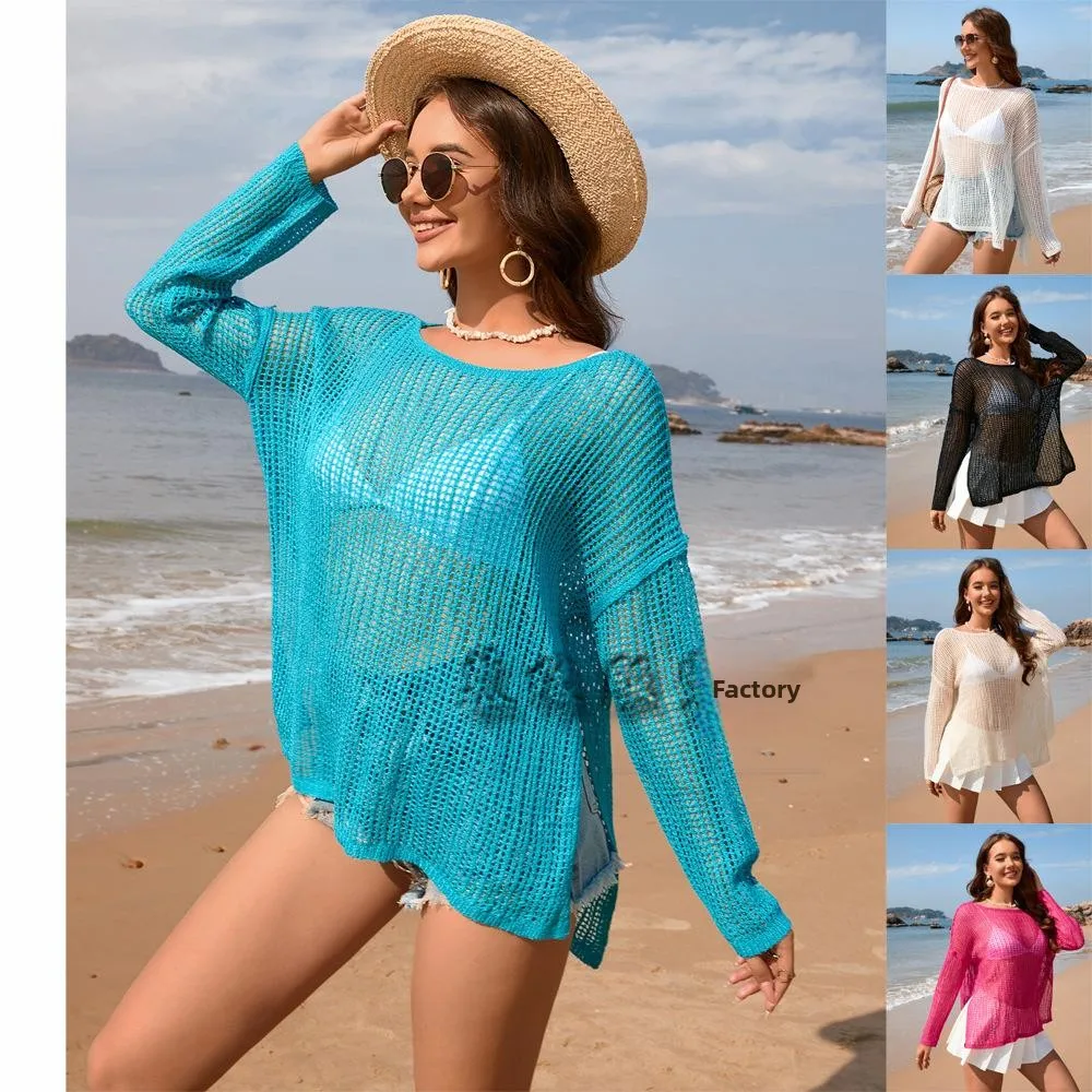 

Весна-лето, новый вязаный длинный пляжный накидка све, однотонный модный бикини Vaion, мужской комплект, другой комплект