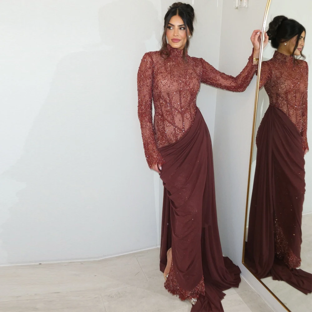 

Customized Modest Dropped Evening Dress Illusion Lace Top vestidos de gala Corset Mermaid Draped Chiffon Dresses