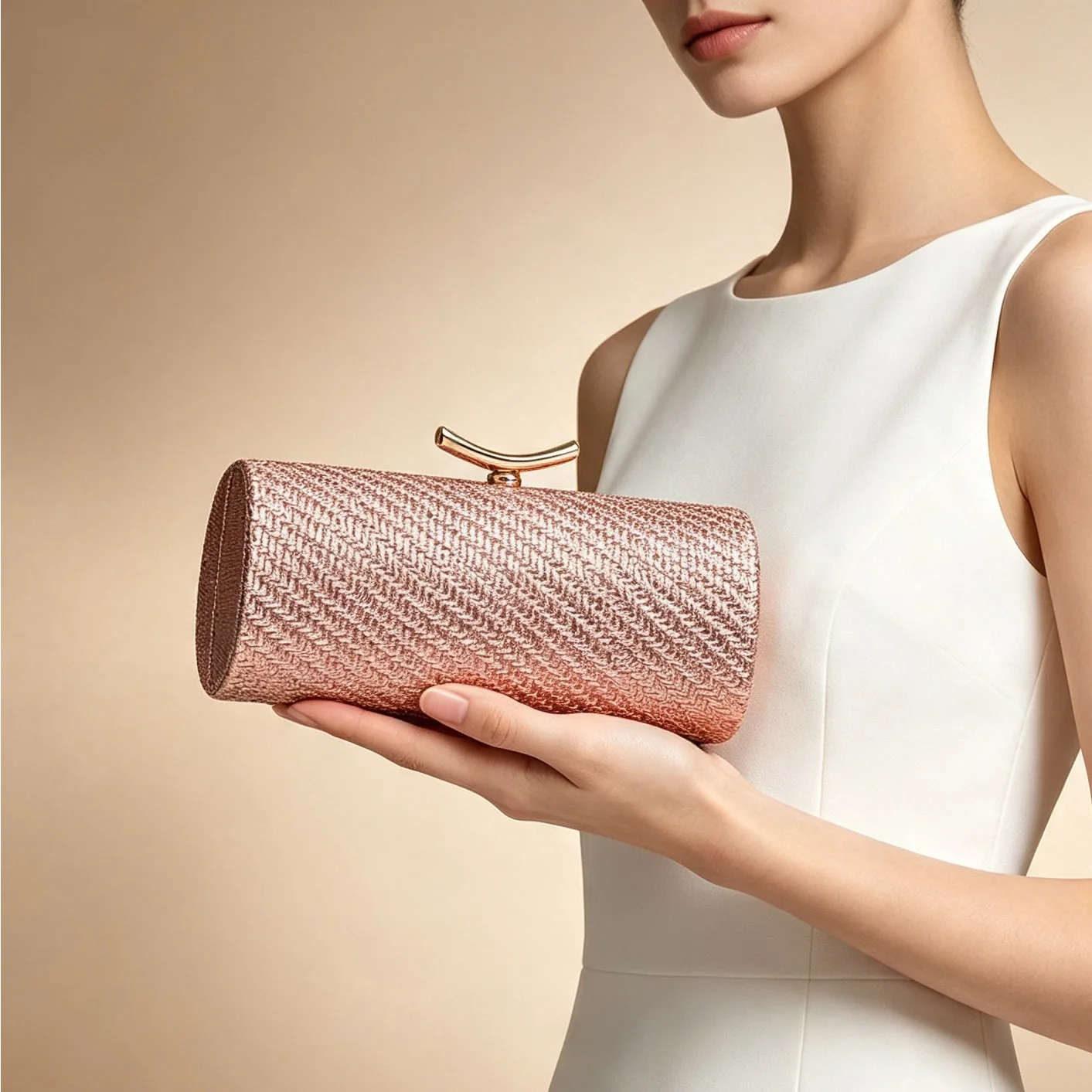 Gold evening handbag luxury designer shoulder bag woven cylindrical chain crossbody bag fashionable party wedding womens clutch. view 5