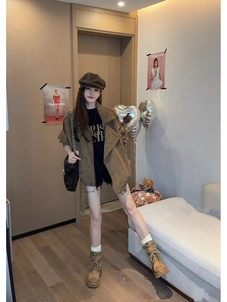 Jaqueta Retrô Feminina de Trabalho, Colete Estilo Biker Solto e Moderno para Outono/Inverno, Casaco Curto Abotoado Casual que Modela a Silhueta