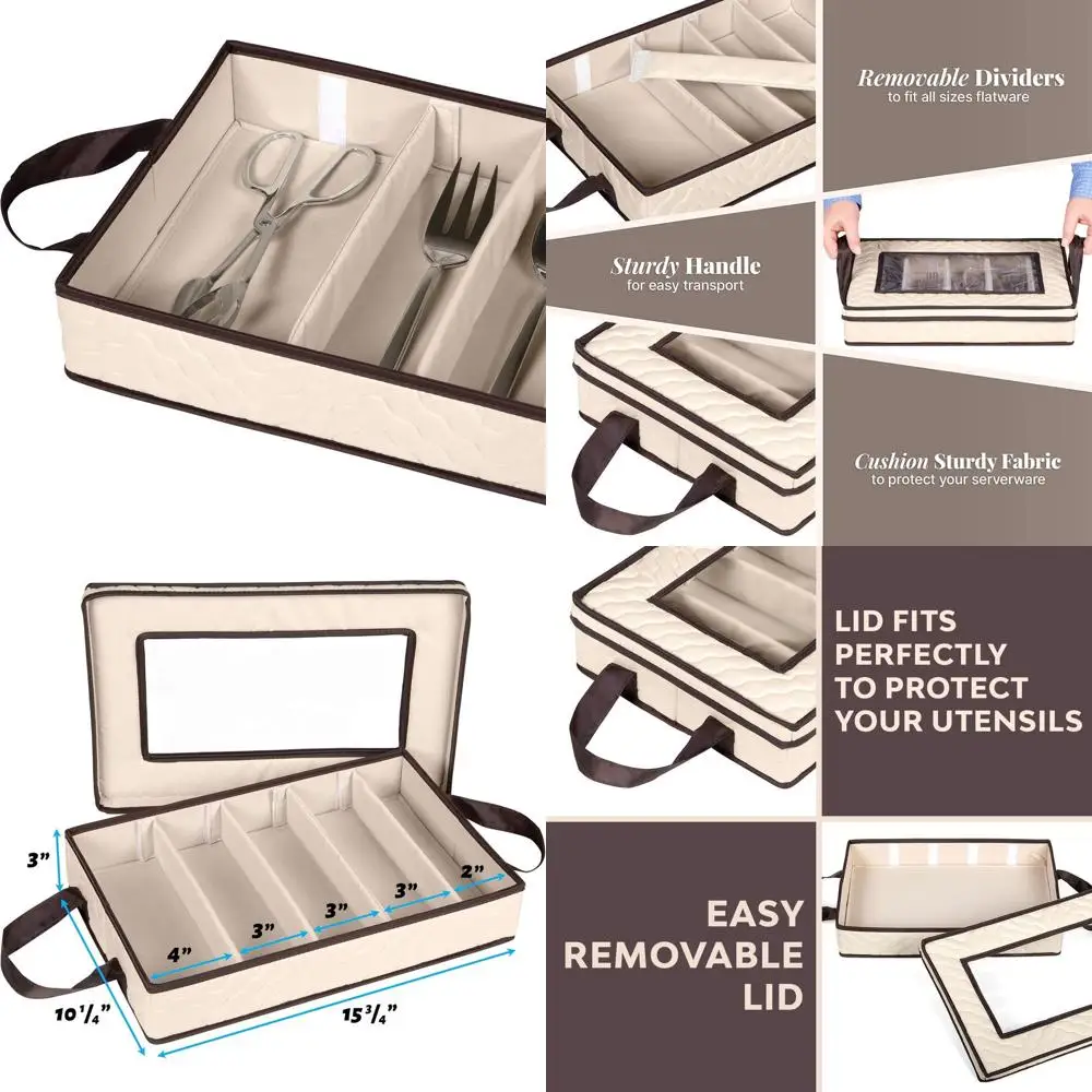 

Прочный 5-секционный органайзер для столового серебра со съемной крышкой и ручками для переноски — большой бежевый ящик для хранения столовых приборов