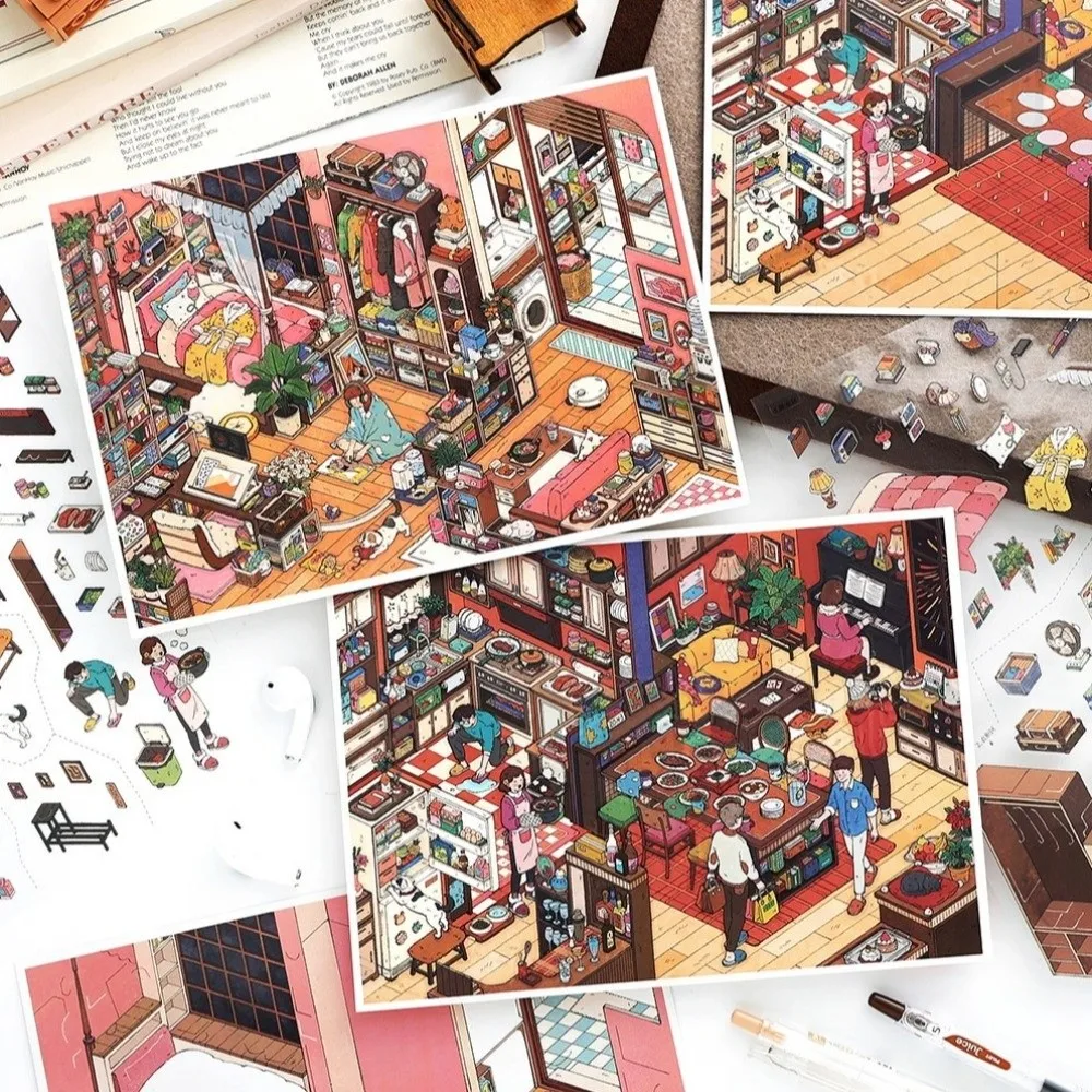 My Home Theme Landscape Stickers PET Die-cut Theater Cabin Scene Stickers Cottage Laboratory Scrapbook Stickers Gift Giving