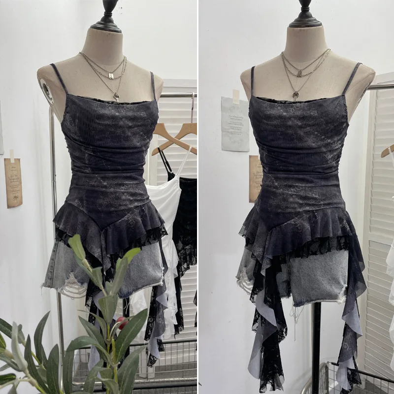 ISAROSE Summer Y2K Camisole for Women Casual Spaghetti Straps Double Layers Lace Stretch Mesh Patchwork Asymmetrical Slim Tops