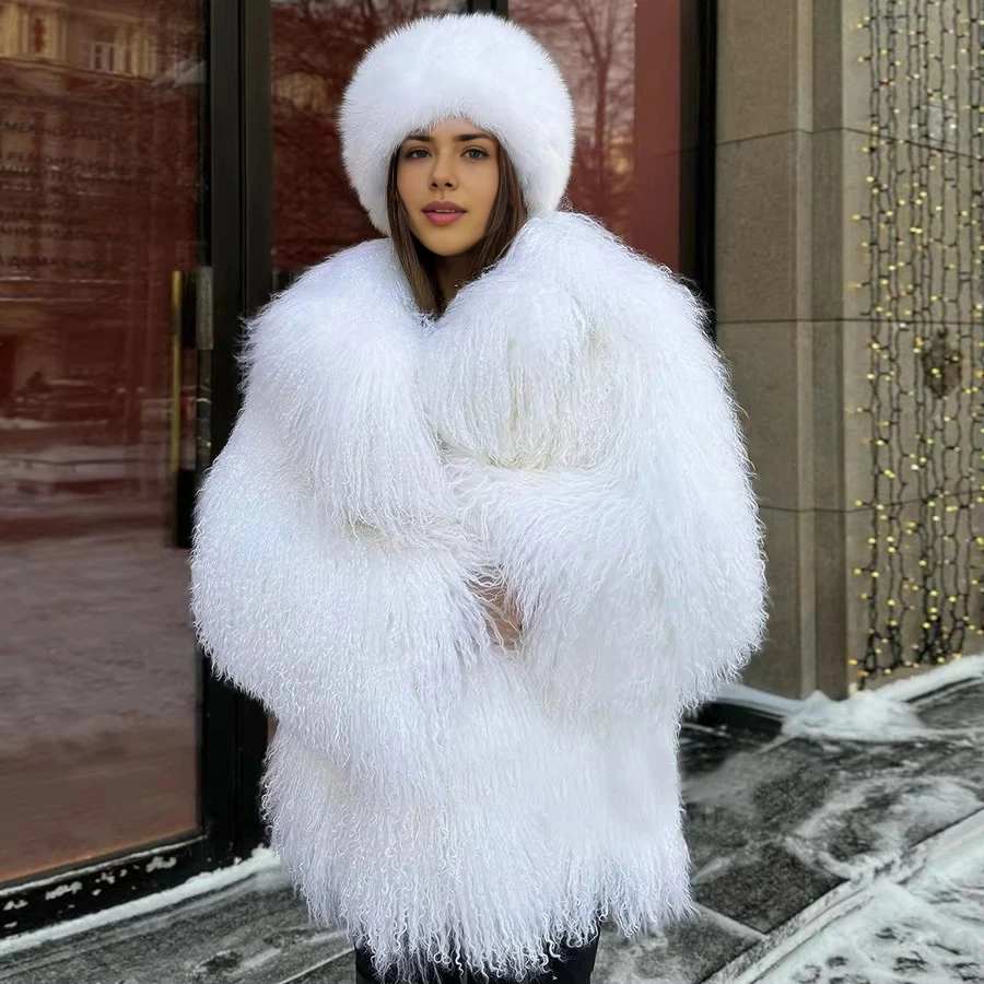 White Mongolian Fur Coat Women Lamb Coats Women Tibetan Lamb Jackets Real Mongolian Fur Jacket
