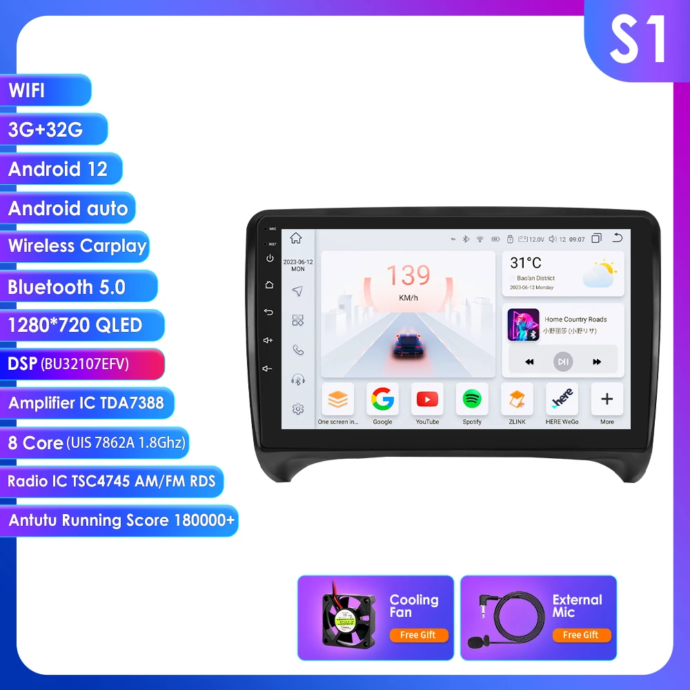 9 "Algpo 2Din Android Auto Autoradio voor Audi TT MK2 8J 2006-2014 Snapdragon 6115 GPS Navigatie SWC DSP 4G BT CarPlay 360 ° CAM