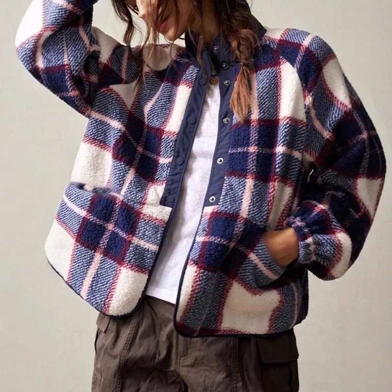 

Short Loose Plaid Women's Jacket Single-breasted Stand Wool Coat Leisure Long Sleeve Faux Fur Jacket Winter Thick Warm Cardigans