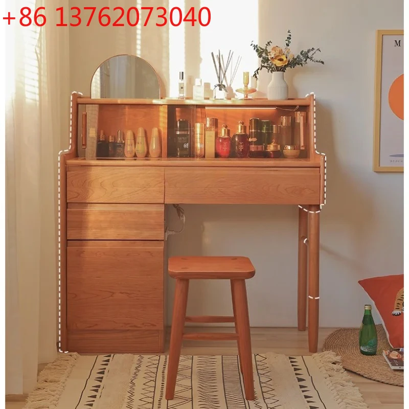 

Solid Wood Dresser Makeup Table Japanese and Nordic Style with Light Dresser Desk Integrated Storage Cabinet Cherrywood