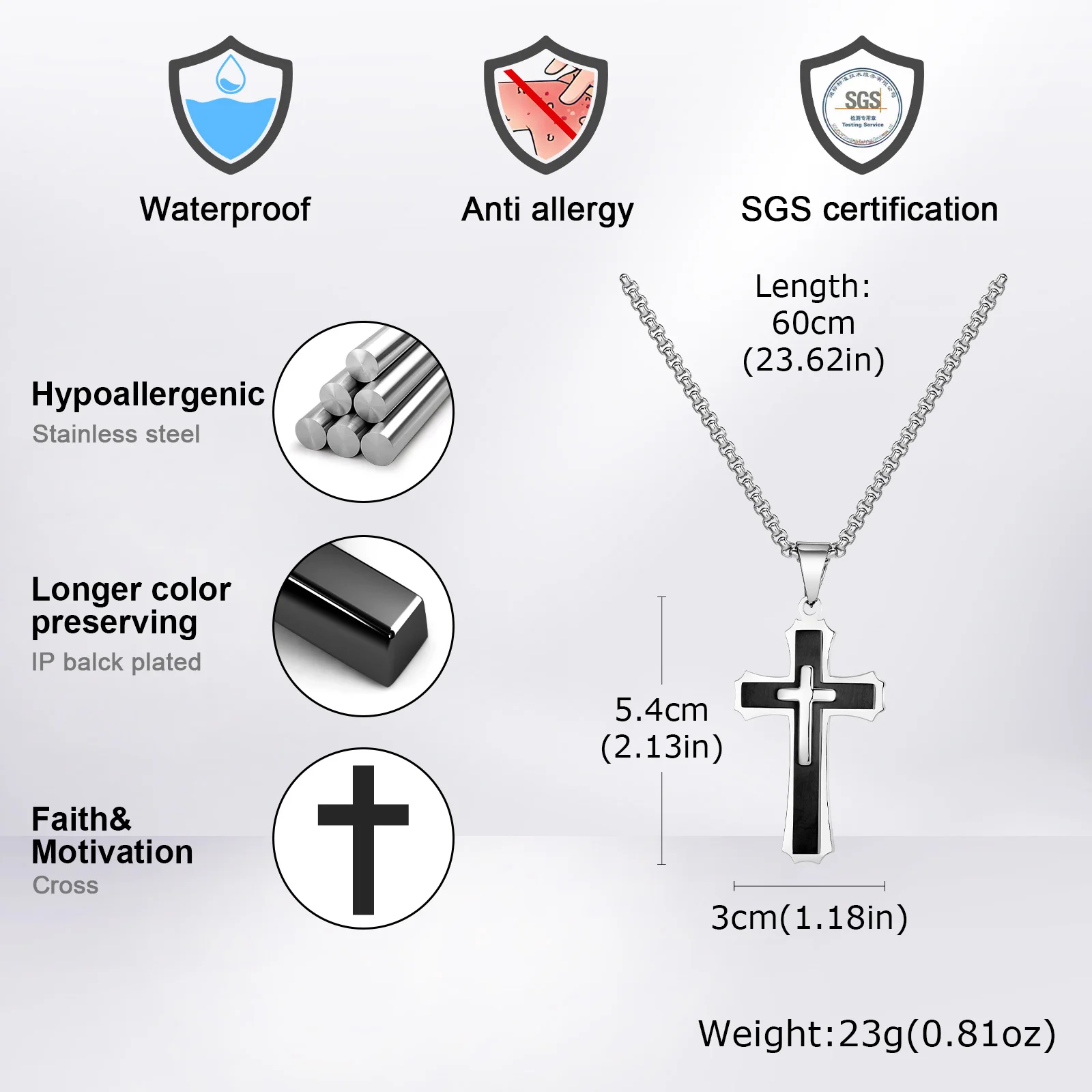 Vnox Chunky Three Layered Cross Necklaces for Men, Black Silver Color Stainless Steel Bold Faith Cross Pendant,Hip Hop Necklace