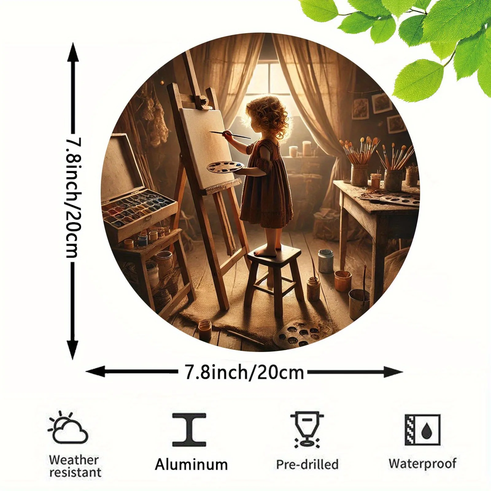 Room Decor 1pc Artistic Little Girl Painting Round Aluminum Wall Art, 7.8x7.8in Durable Metal Sign, Waterproof & Rustproof, Easy