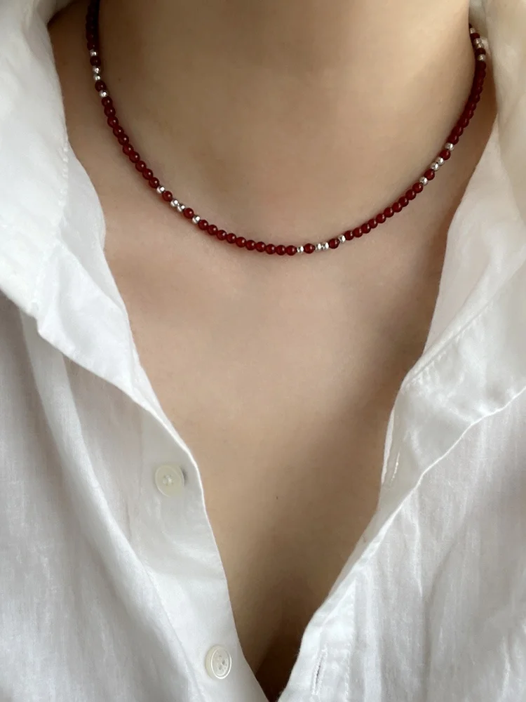 Natural Red Agate Beaded Necklace for Women Unique Design Lockbone Chain S925 Pure Silver High-End Feeling Birth Year Necklace