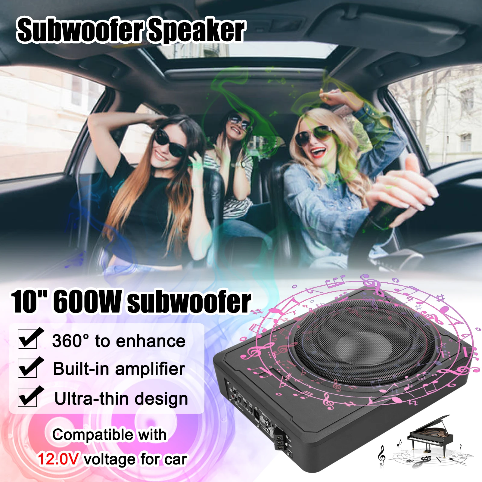 New Car Bass Box Audio Underseat Active Amplified Subwoofer Bass Slim Amplifier Bass High Power Speaker 12V 800W 10inch