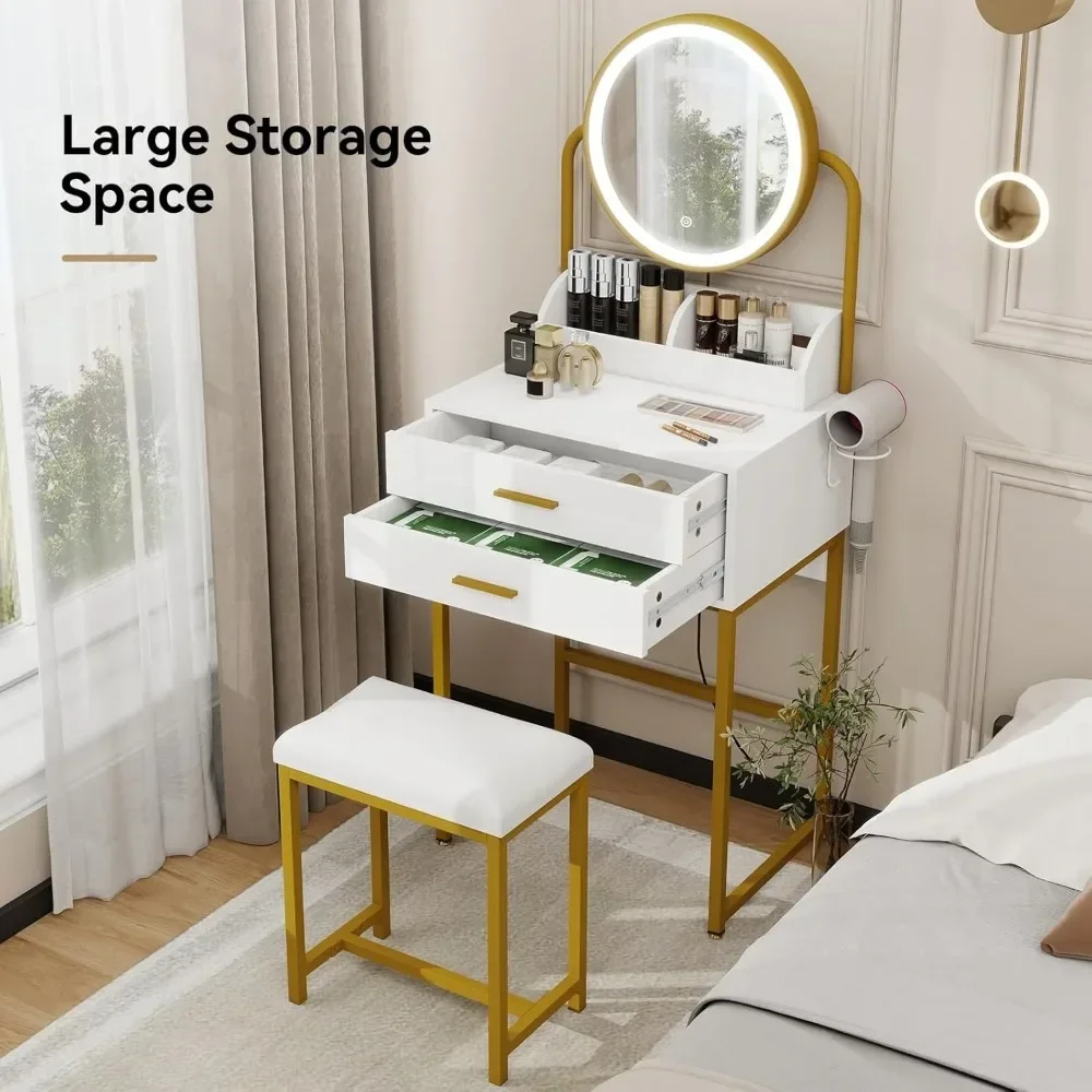 

[Hot Sale, Limited Time Offer!]compact white makeup vanity desk with mirror, lights, and chair for modern space-efficient storag