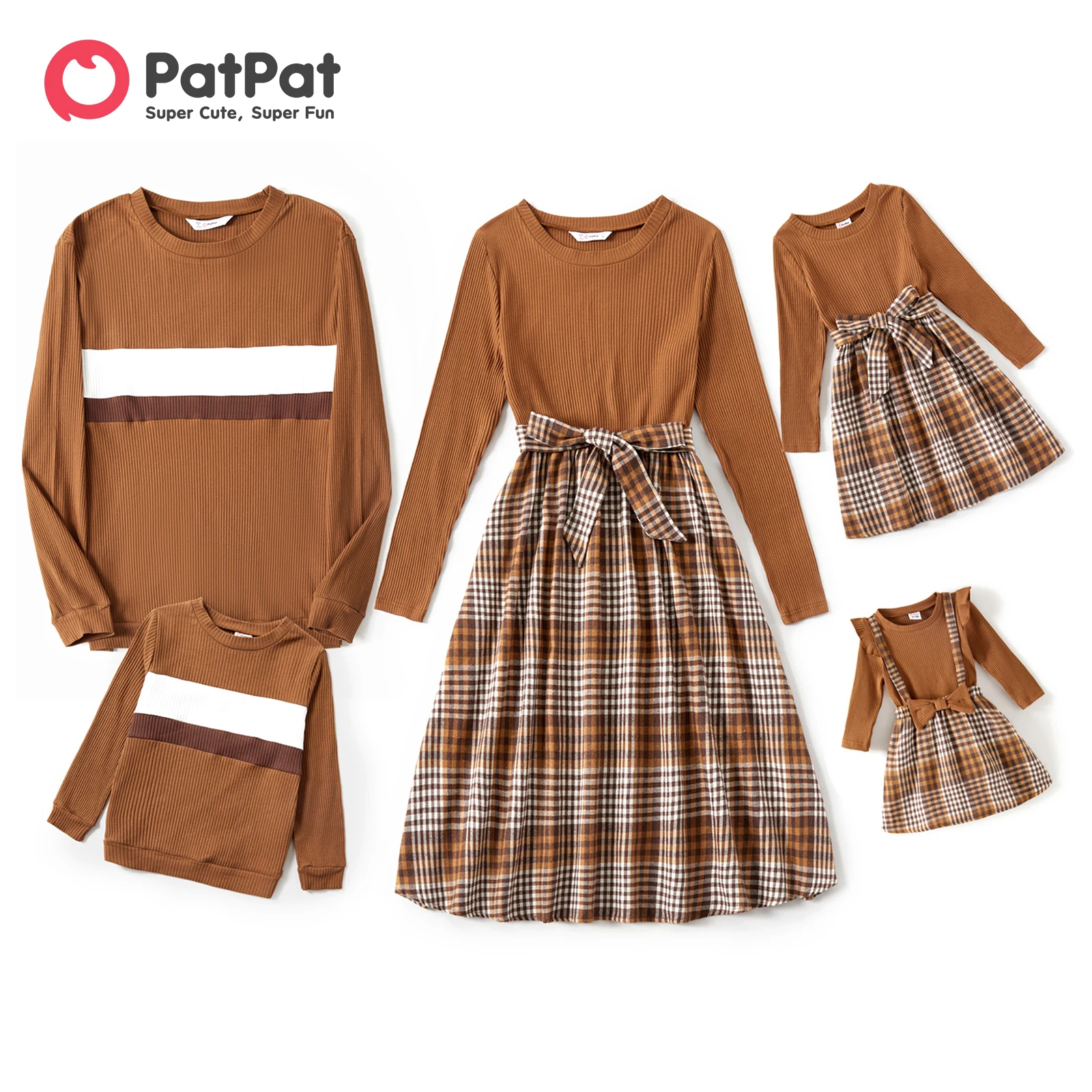 PatPat Family Matching Outfits Winter Coffee Ribbed Spliced Plaid Belted Dresses and Long-sleeve Colorblock Tops Clothes Set