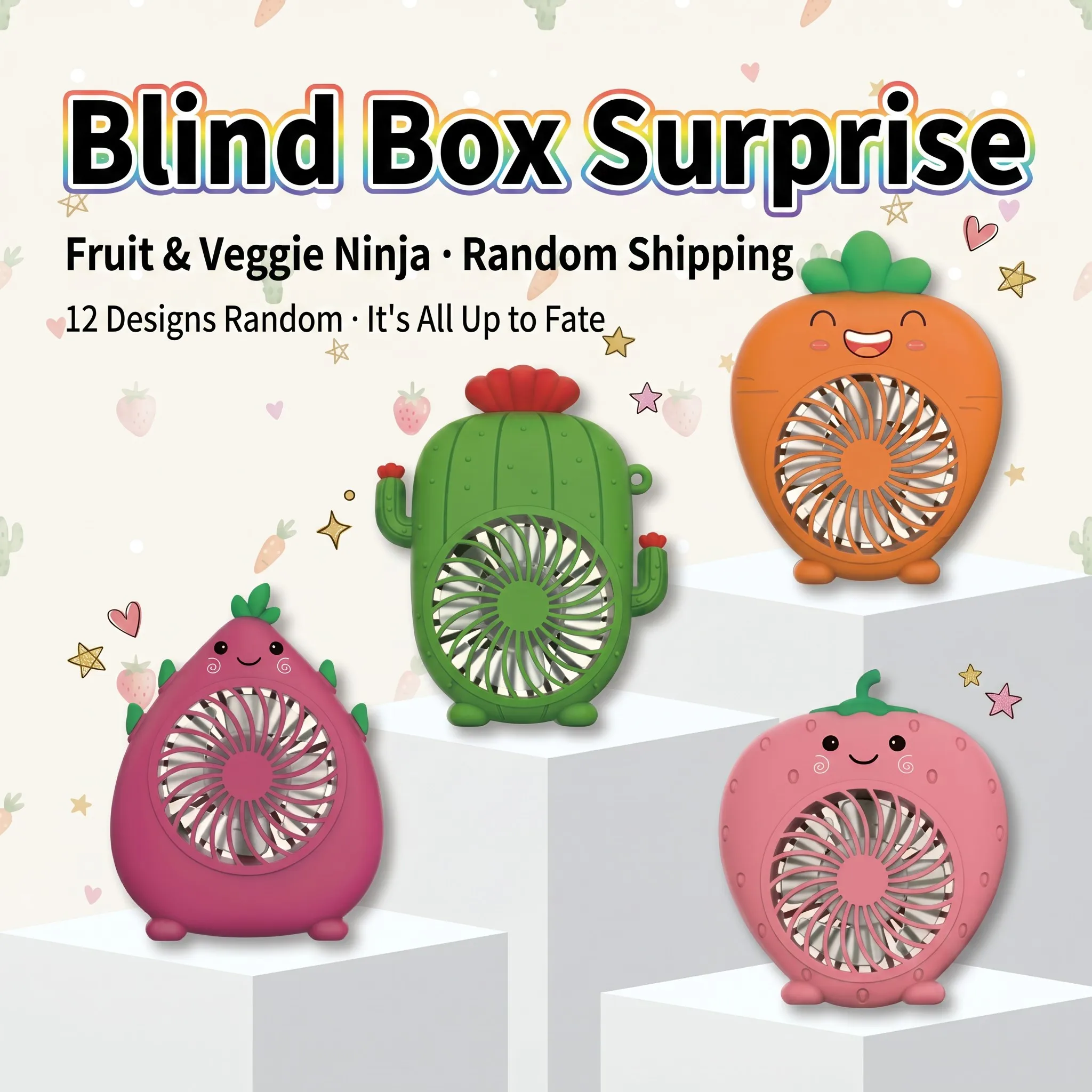 Cute Fruit Veggie Ninja Blind Box Mini Fan USB Rechargeable 3-Speed Night Light 3-in-1 Handheld Desktop Lanyard 12 Random Design