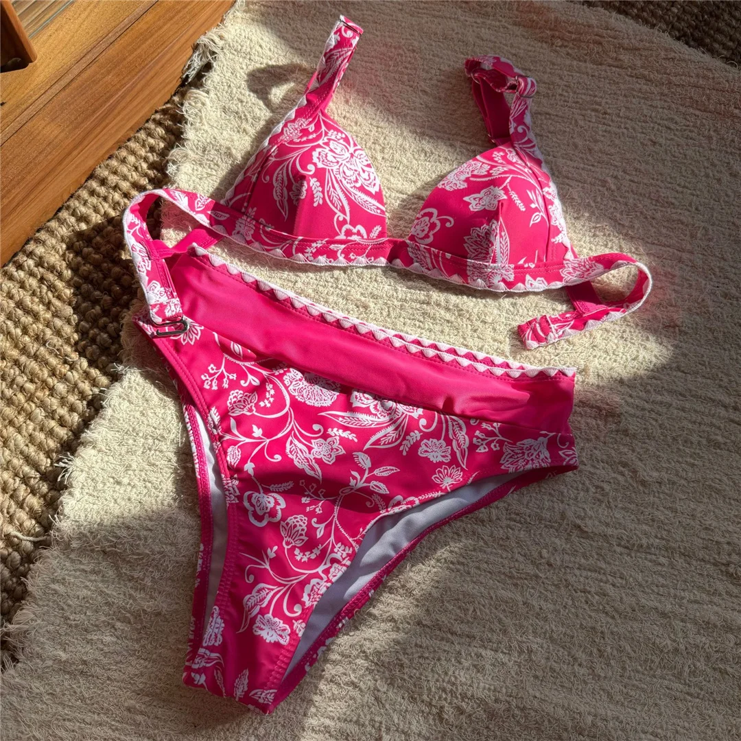 Neuer, mit Blumenmuster bedruckter BH, Damen-Badeanzug, Bikini mit hoher Taille, zweiteiliges Bikini-Set, Badebekleidung, Badeanzug, Modell V6413. – Detail 7