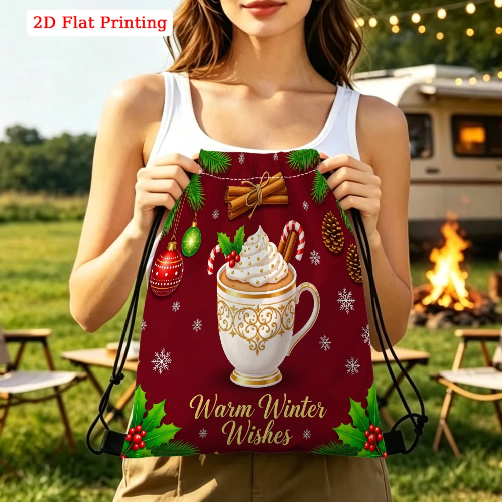 Christmas Style Drawstring Backpack, Warm Winter Wishes Hot Cocoa Pattern, Fitness Sports Bag, Outdoor Travel Cinch Sack