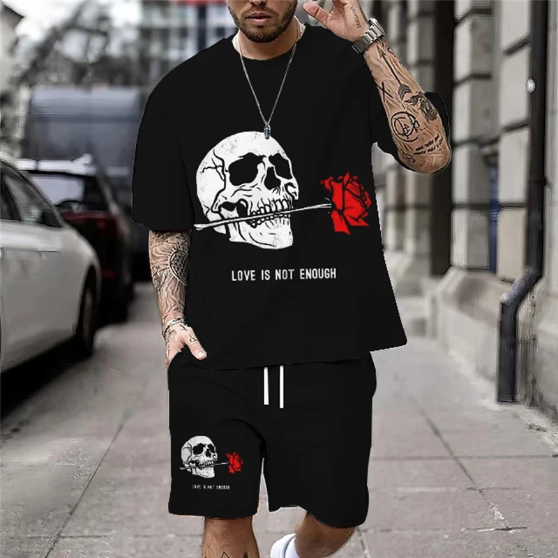 

Summer New Casual Men Skull Print T-Shirt Set Fashion Streetwear Tees Loose Oversized Breathable Soft Short Sleeves Shorts Suit