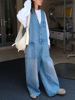 [EAM] Women Blue Denim Pocket Big Size Long Jumpsuit New High Waist Pocket Stitch Pants Fashion Tide Spring Autumn 2026 1DH6230 - Image 3