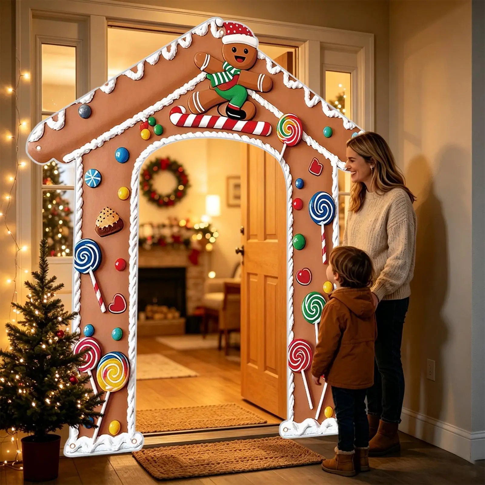 Merry Christmas Banner 2D 200x180cm Festive Funny Gingerbread Man Christmas Porch Sign Yard Flag for Outdoor Patio Garden
