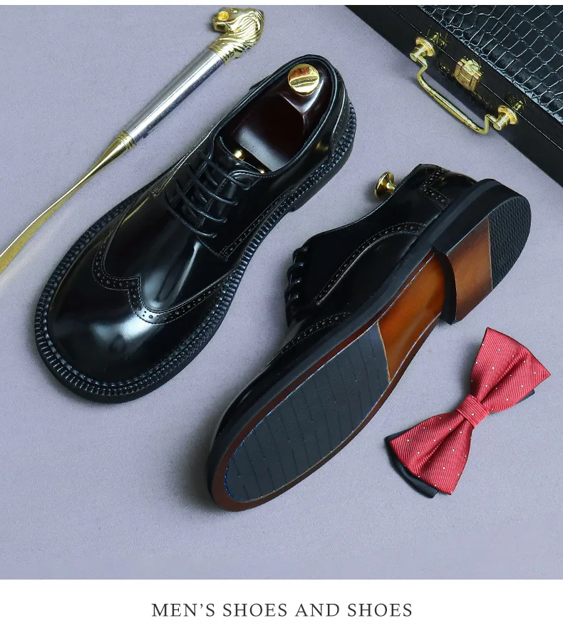 Zapatos Brogue Retro para Hombre, de Cuero Genuino de Lujo, Punta Redonda, Hechos a Mano, Planos, Color Marrón y Negro, para Bodas y Eventos Sociales