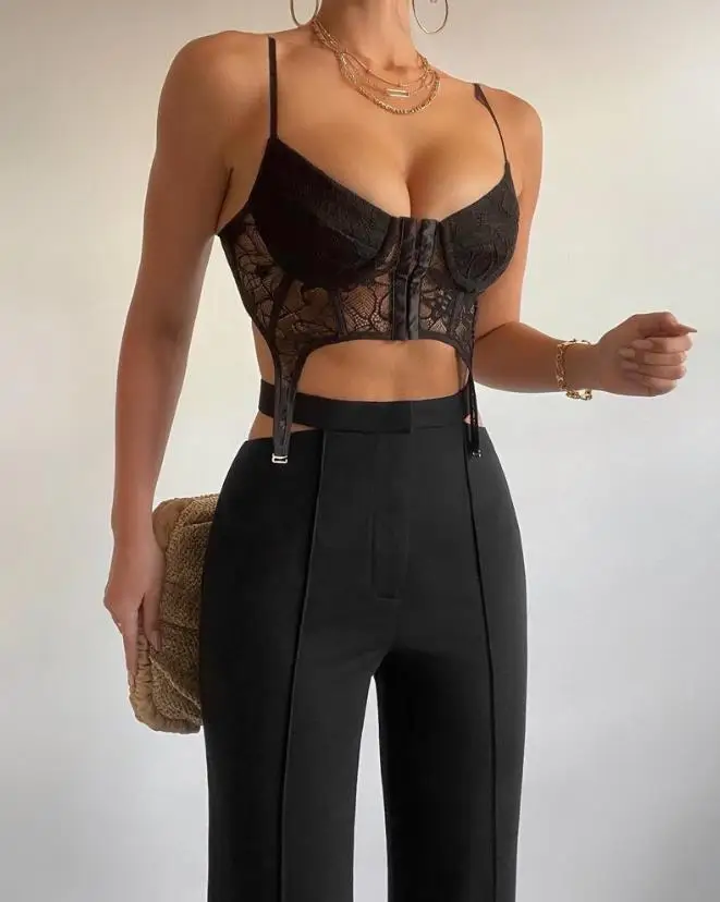 

New2023 Top women Summer Sexy V-Neck Spaghetti Strap Push Up Lace Crop Cami Skinny Casual Clothing T-Shirts Pullover Tops