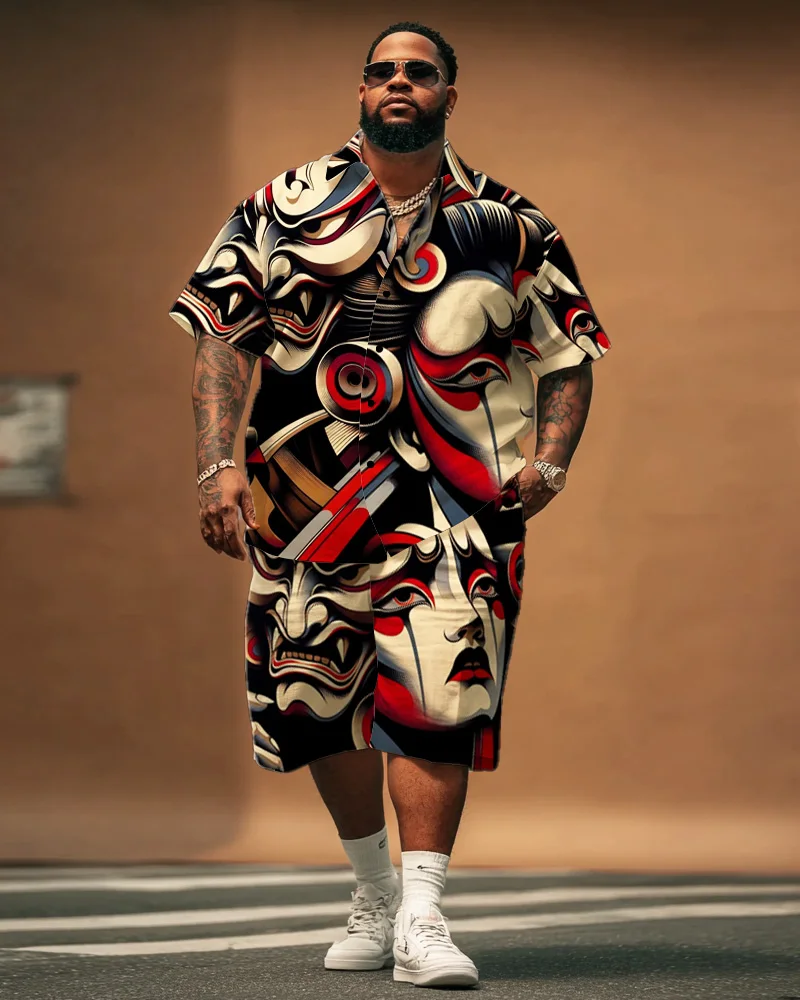 

S-9XL Мужская рубашка больших размеров с короткими рукавами и шортами с принтом японского призрачного лица, комплект из 2 предметов, свободный крой в самурайском стиле, лето