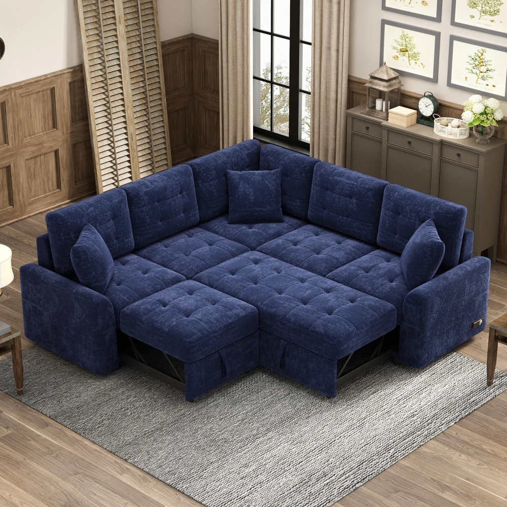 

82.6" L-shape Sofa Bed Pull-out Sleeper Sofa with Wheels, USB Ports, Power Sockets for Living Room, Navy Blue