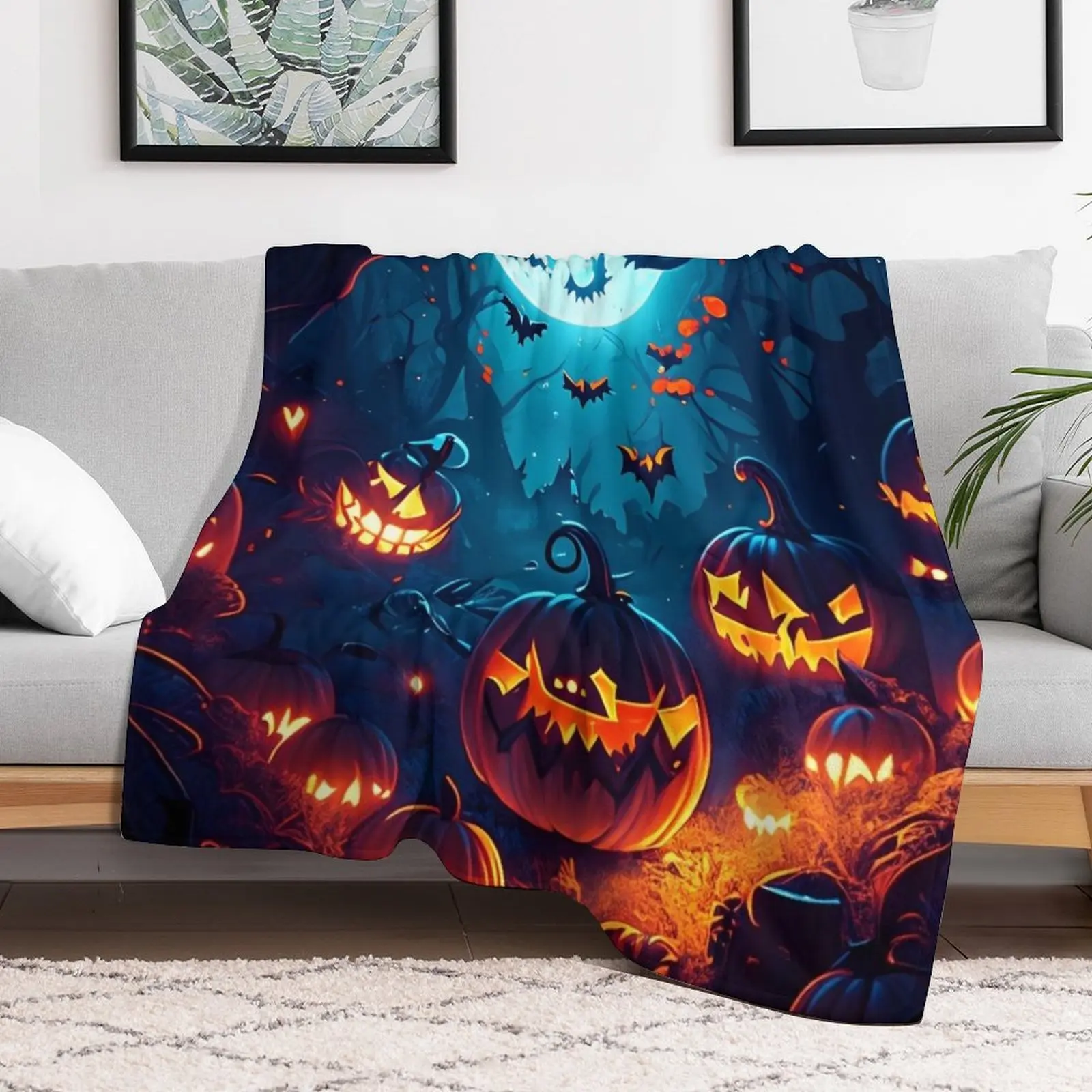 Enchanted full moon night: glowing pumpkins in the forest Throw Blanket