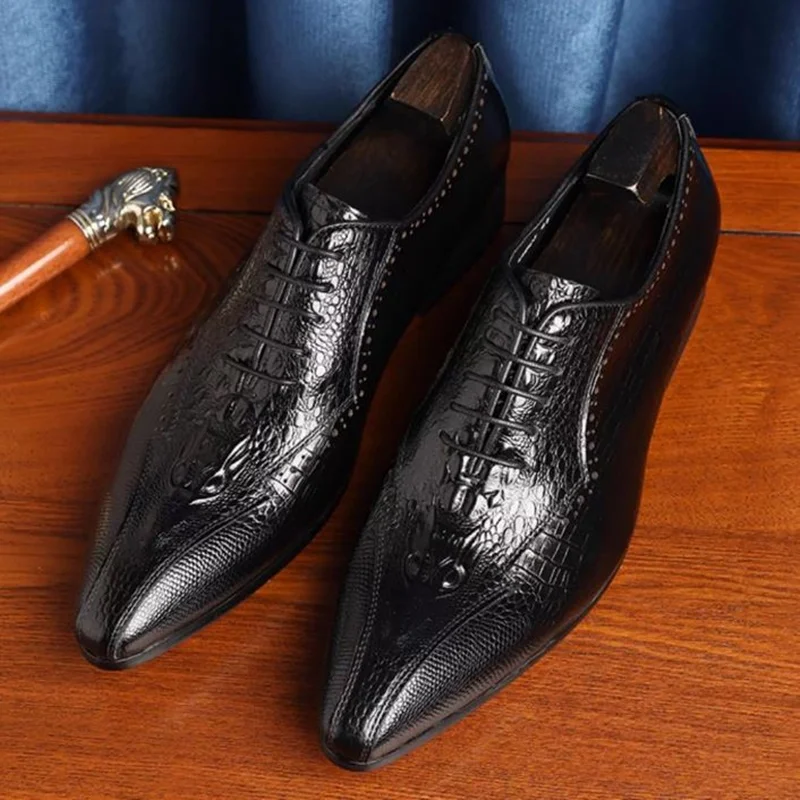 British Style Oxford Man Leather Dress Shoes Pointed toe Lace-up Crocodile-patterned Genuine Leather Formal Shoes For Men