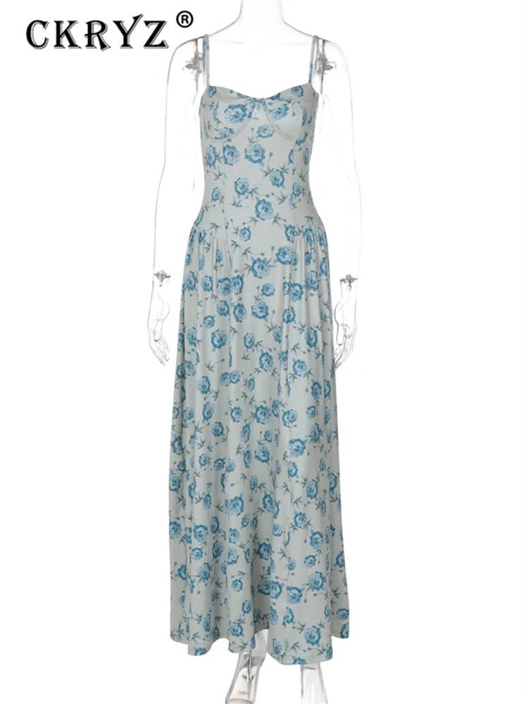 ชุดเดรสยาวลายดอกไม้สำหรับฤดูร้อน แฟชั่นใหม่สำหรับงานเลี้ยงกลางคืน ผู้หญิง แขนกุด เปิดหลัง เหมาะสำหรับวันหยุดพักผ่อน คลับ และสตรีทแวร์