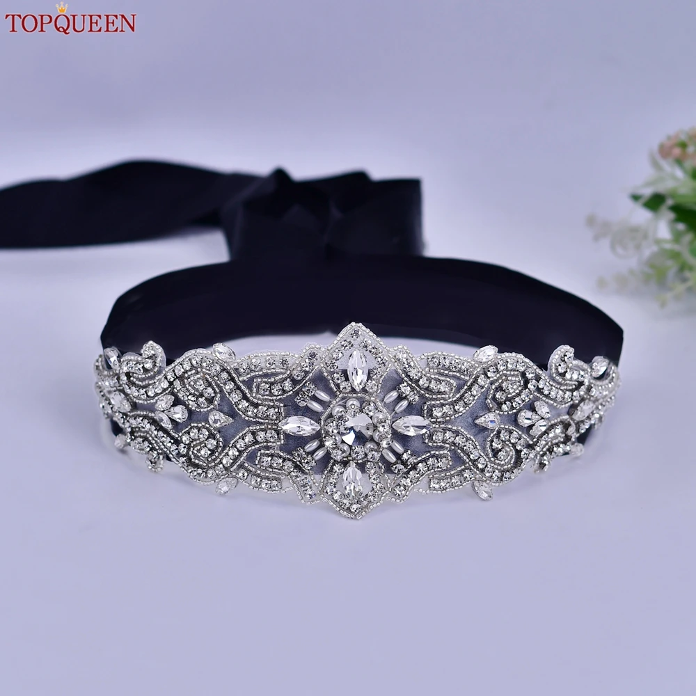 TOPQUEEN Wedding Dress Belts Silver Rhinestone Bridal Bridesmaids Sash Women Accessories Wide Party Prom Gown Applique Adult S26