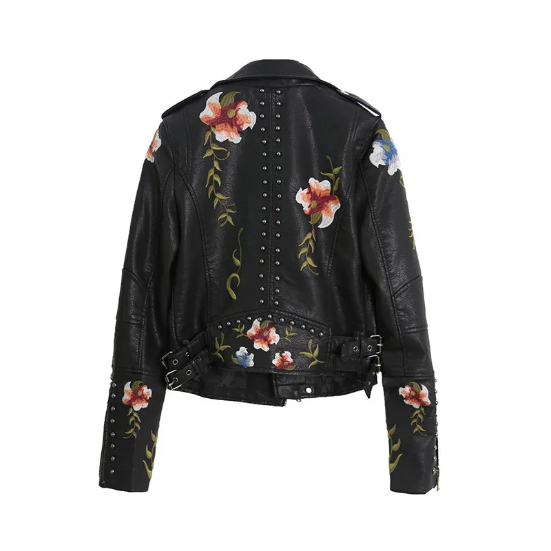 Women\'s Retro Printed Artificial Leather Motorcycle Jacket, Soft PU Leather Jacket, Embroidered Motorcycle Jacket