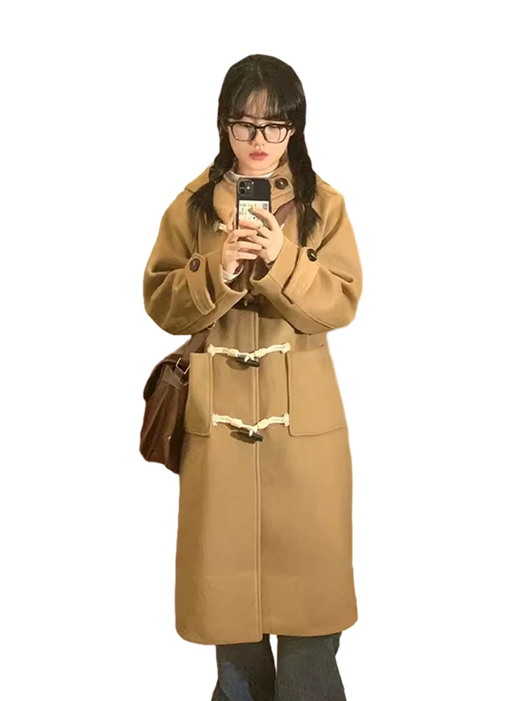 Thiened Woolen Coat 여성용 가을 겨울 신상 일본 스타일 버튼 디자인 소형 카멜 색상 아우터웨어