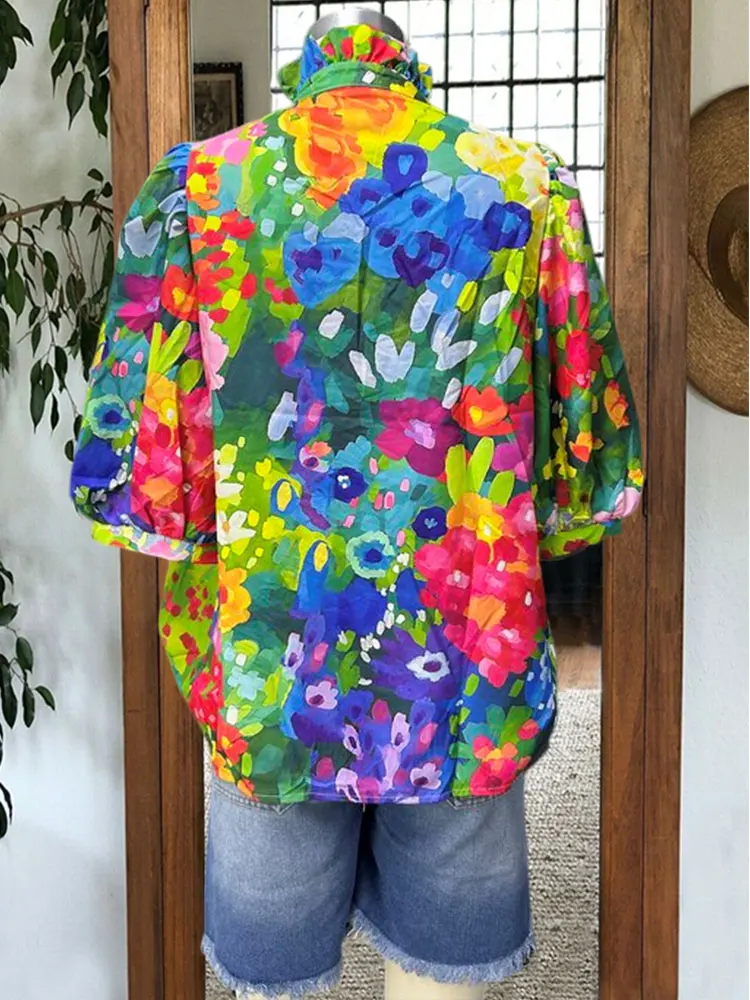 Elegant Contrast Floral Print Top Women Casual Loose Shirts Collar Blouse