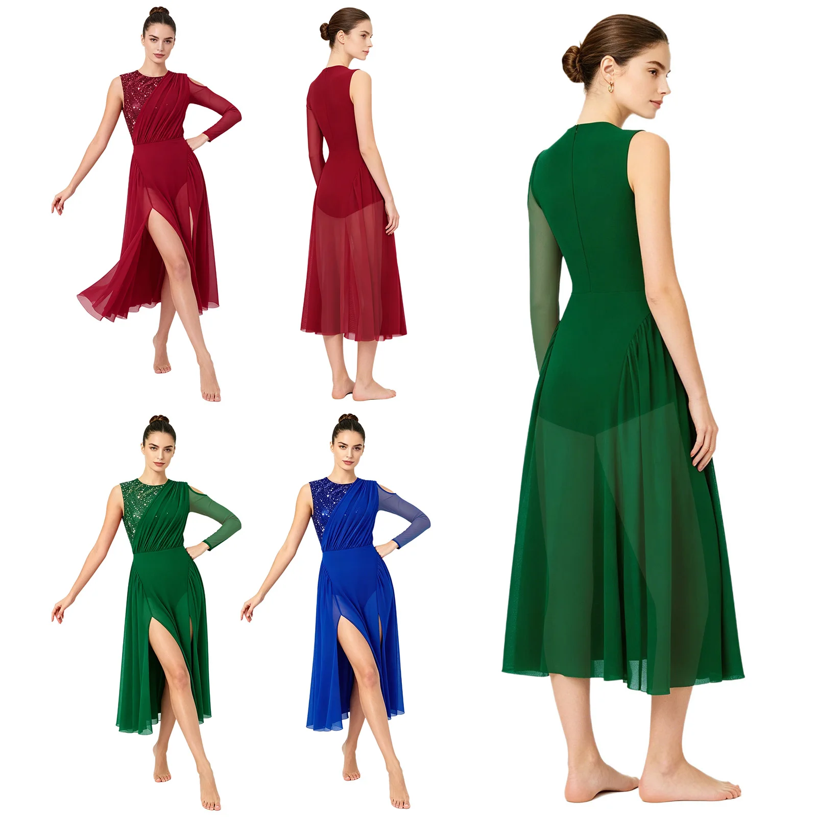 

Women Lyrical Dance Dress Asymmetrical Sleeves Split Sheer Mesh Flowy Skirted Jumpsuit Figure Skating Modern Ballet Dancewear