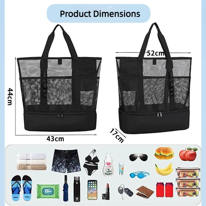 Mesh Insulated Beach Tote Bag Dry Wet Separate Large Handbag Pool Swim Travel Storage Bag