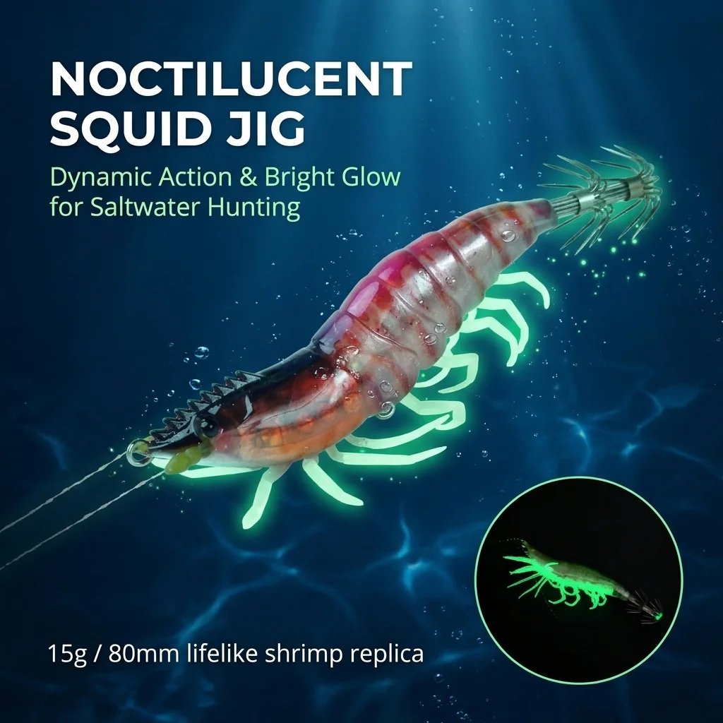 15g 80mm Luminous Squid Jig Shrimp Lure UV Hard Soft Hybrid Fishing Bait Sharp Squid Hooks Saltwater Octopus Cuttlefish Tackle