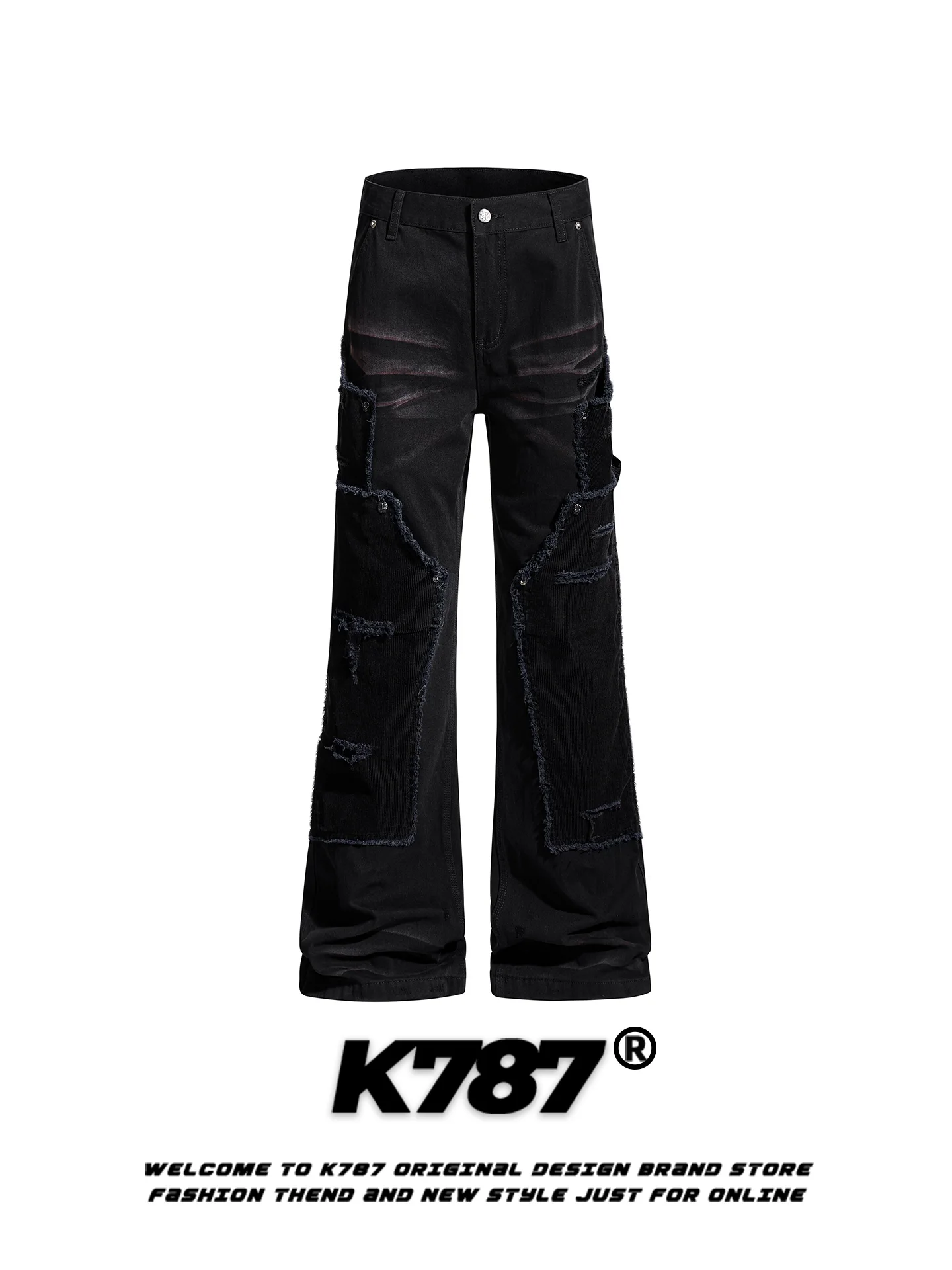 

Мужские джинсы K787 в американском винтажном стиле с рваными элементами и пэчворком, выцветшие, с высокой талией, зауженные, расклешенные, в стиле Y2K, повседневные брюки