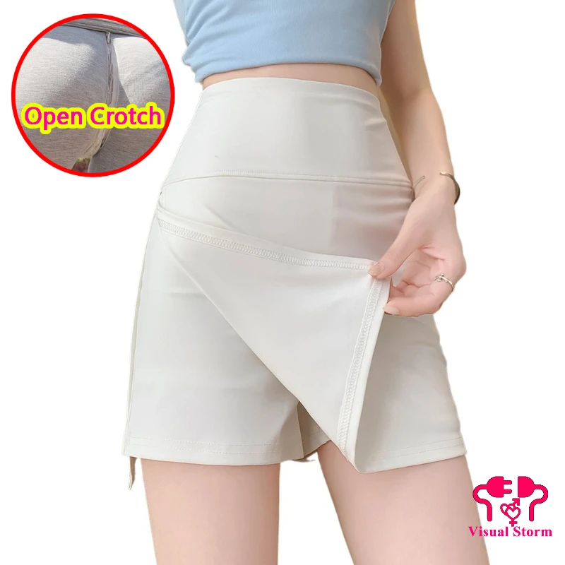 Women Hidden Zipper Open Crotch Sexy 2-in-1 Pants Skirts Couple Outdoor Exposure Play Crotchless Leggings Double Layer Shorts
